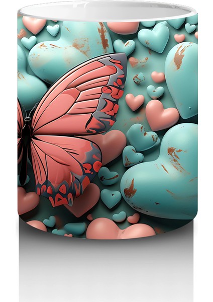 Turkuaz ve Pembe Kalplerle Süslenmiş Kelebek – Baskılı Kahve Kupası modelleri