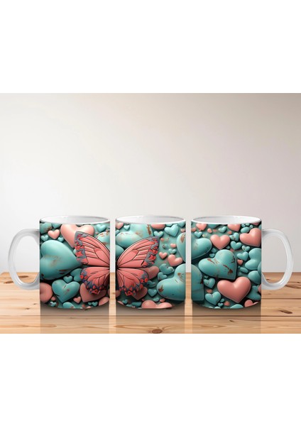 Turkuaz ve Pembe Kalplerle Süslenmiş Kelebek – Baskılı Kahve Kupası indirimleri