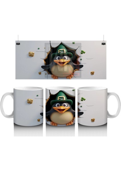 Leprechaun Şapkası Takan Neşeli Penguen Karakteri - Baskılı Kahve Kupası