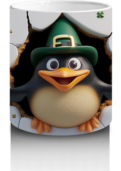 Leprechaun Şapkası Takan Neşeli Penguen Karakteri - Baskılı Kahve Kupası modelleri