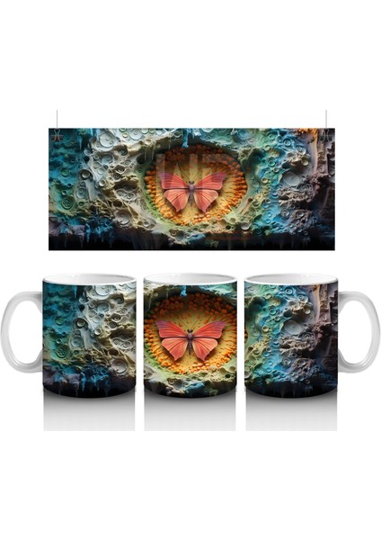 Renkli Taşlarla Çevrili Pembe Kelebek – Baskılı Kahve Kupası