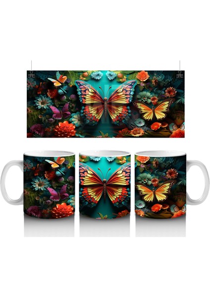 Renkli Çiçekler Arasında Parlayan Turuncu Kelebek – Baskılı Kahve Kupası