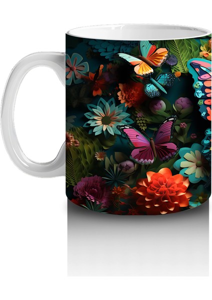 Renkli Çiçekler Arasında Parlayan Turuncu Kelebek – Baskılı Kahve Kupası fiyatları