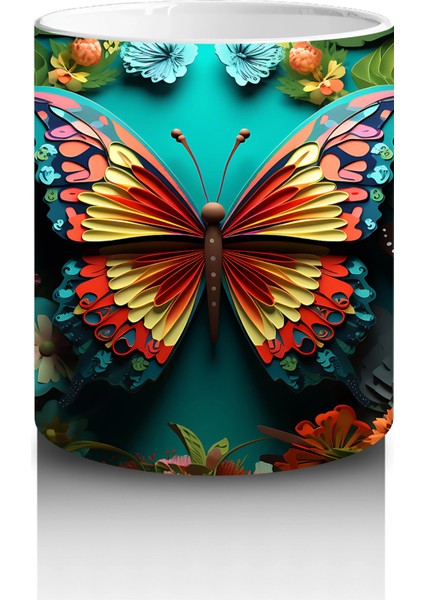 Renkli Çiçekler Arasında Parlayan Turuncu Kelebek – Baskılı Kahve Kupası modelleri