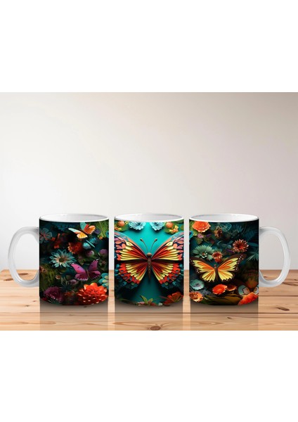 Renkli Çiçekler Arasında Parlayan Turuncu Kelebek – Baskılı Kahve Kupası indirimleri