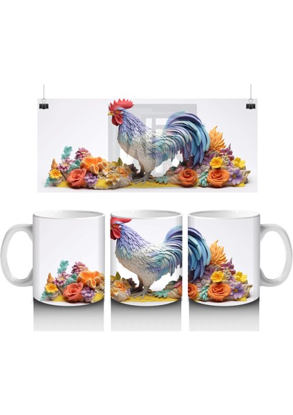 Çiçekler Arasında Renkli Horoz – Baskılı Kahve Kupası