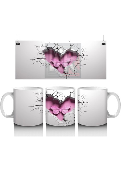 Çatlak Zeminden Yükselen Pembe Kelebek Deseni - Baskılı Kahve Kupası