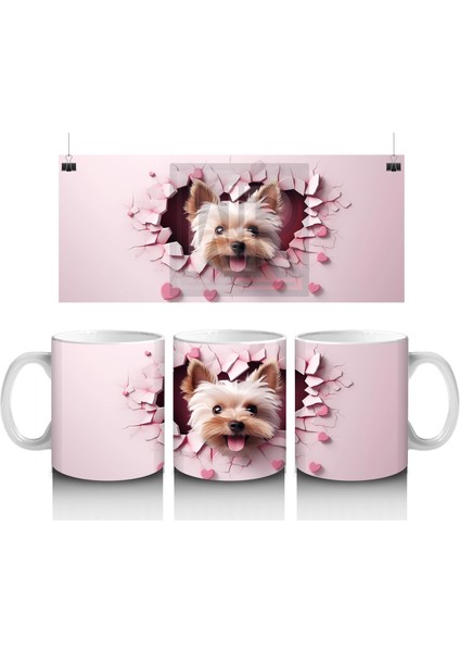 Pembe Kalpli Duvar Arasında Sevimli Yorkshire Terrier - Baskılı Kahve Kupası