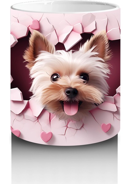 Pembe Kalpli Duvar Arasında Sevimli Yorkshire Terrier - Baskılı Kahve Kupası modelleri