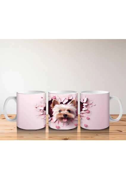 Pembe Kalpli Duvar Arasında Sevimli Yorkshire Terrier - Baskılı Kahve Kupası indirimleri