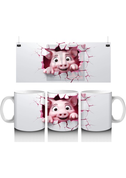 Pembe Kalplerle Süslenmiş Mutlu Domuscuk – Baskılı Kahve Kupası