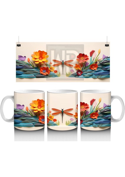 Turuncu Çiçekler Üzerinde Uçan Yusufçuk – Baskılı Kahve Kupası