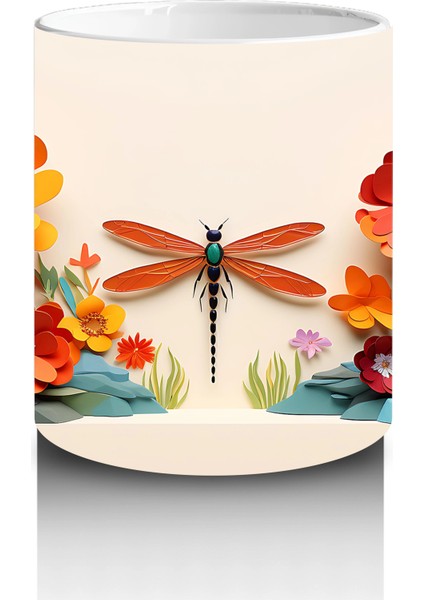 Turuncu Çiçekler Üzerinde Uçan Yusufçuk – Baskılı Kahve Kupası modelleri