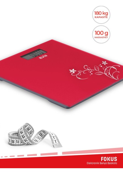 Kırmızı Dijital Tartı, 180KG Kapasiteli, Dayanıklı Temper Cam, Şık ve Güvenilir