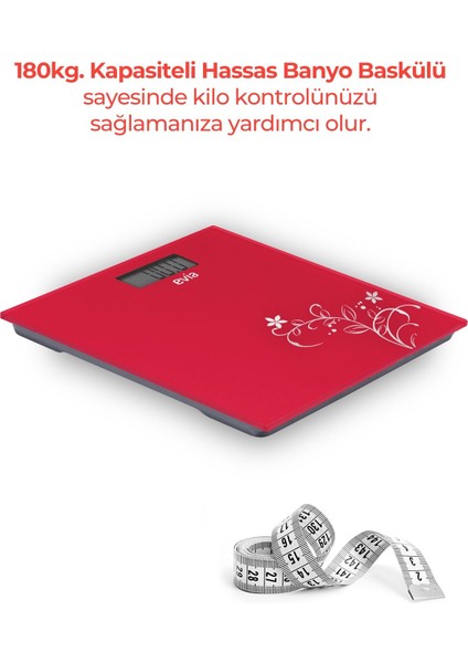 Kırmızı Dijital Tartı, 180KG Kapasiteli, Dayanıklı Temper Cam, Şık ve Güvenilir