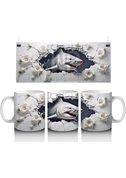 Beyaz Çiçeklerle Süslenmiş Çatlak Zeminden Bakan Köpekbalığı - Baskılı Kahve Kupası