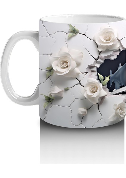 Beyaz Çiçeklerle Süslenmiş Çatlak Zeminden Bakan Köpekbalığı - Baskılı Kahve Kupası fiyatları