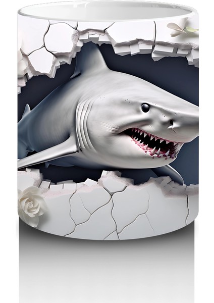 Beyaz Çiçeklerle Süslenmiş Çatlak Zeminden Bakan Köpekbalığı - Baskılı Kahve Kupası modelleri