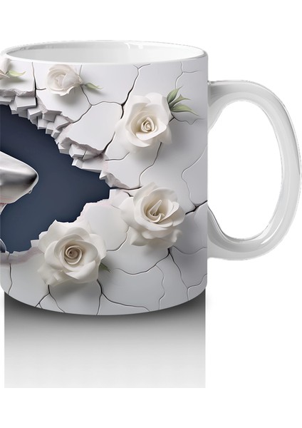 Beyaz Çiçeklerle Süslenmiş Çatlak Zeminden Bakan Köpekbalığı - Baskılı Kahve Kupası fırsatları