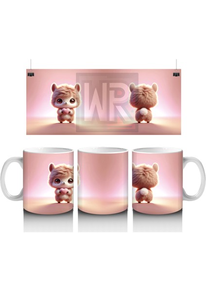 Pembe Arka Planlı Sevimli Lama Figürü (Ön ve Arka) - Baskılı Kahve Kupası