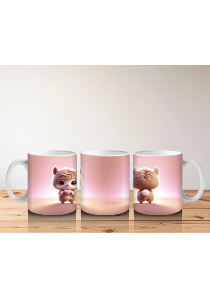 Pembe Arka Planlı Sevimli Lama Figürü (Ön ve Arka) - Baskılı Kahve Kupası indirimleri