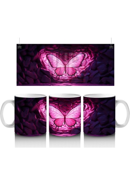 Mor Işıklarla Aydınlatılmış Kalpli Zeminde Kelebek - Baskılı Kahve Kupası