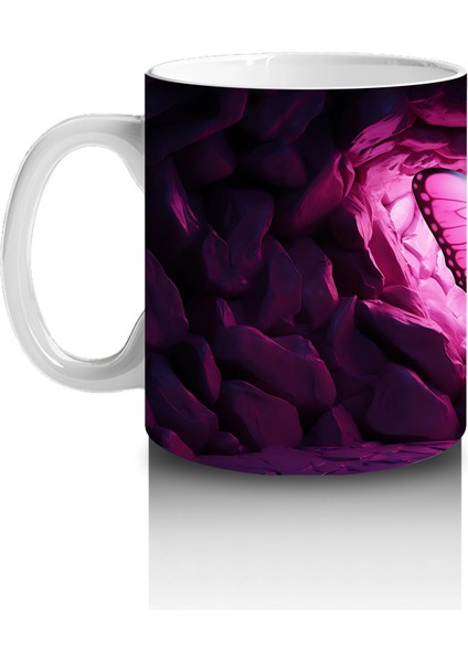 Mor Işıklarla Aydınlatılmış Kalpli Zeminde Kelebek - Baskılı Kahve Kupası fiyatları