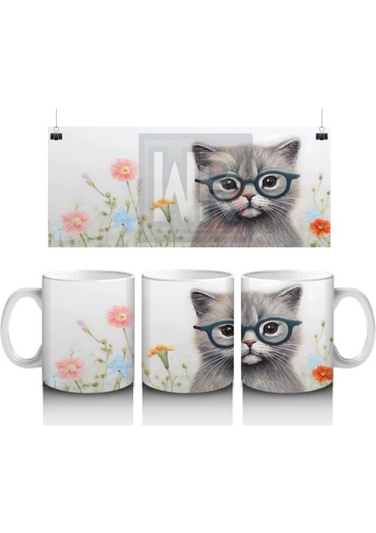 Çiçekli Zemin Üzerinde Gözlüklü Sevimli Kedi – Baskılı Kahve Kupası