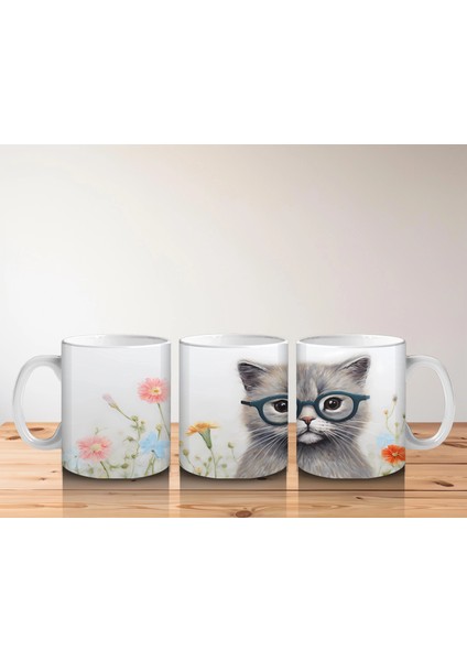 Çiçekli Zemin Üzerinde Gözlüklü Sevimli Kedi – Baskılı Kahve Kupası indirimleri