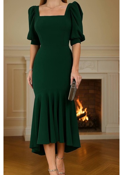 Kare Yaka Volanlı Midi Elbise modelleri