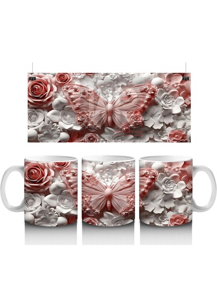 Krem ve Gül Tonlarında Çiçekler Üzerinde Şeffaf Kelebek - Baskılı Kahve Kupası