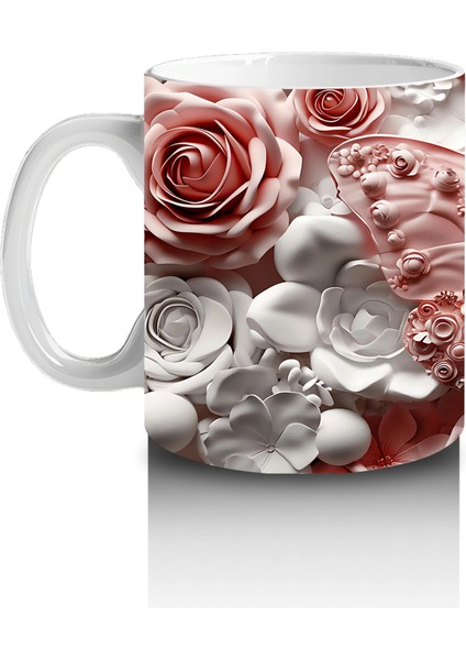 Krem ve Gül Tonlarında Çiçekler Üzerinde Şeffaf Kelebek - Baskılı Kahve Kupası fiyatları