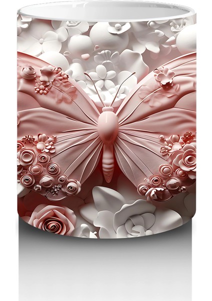 Krem ve Gül Tonlarında Çiçekler Üzerinde Şeffaf Kelebek - Baskılı Kahve Kupası modelleri