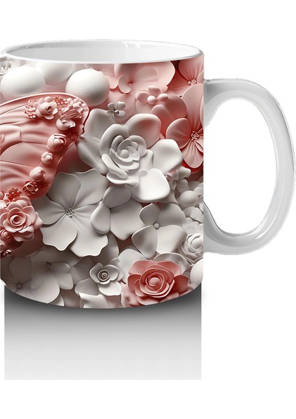 Krem ve Gül Tonlarında Çiçekler Üzerinde Şeffaf Kelebek - Baskılı Kahve Kupası fırsatları