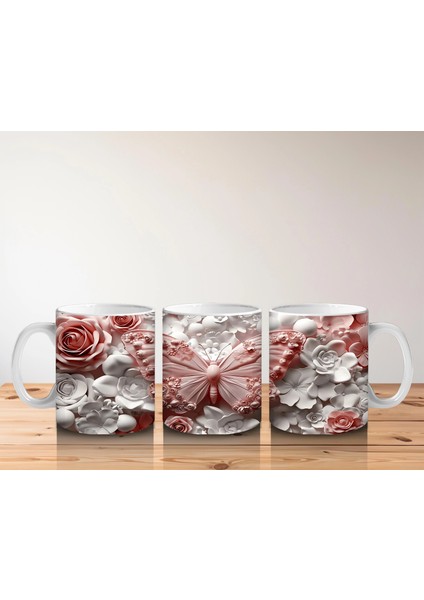Krem ve Gül Tonlarında Çiçekler Üzerinde Şeffaf Kelebek - Baskılı Kahve Kupası indirimleri