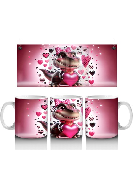 Kalpler ve Hediyelerle Süslenmiş Pembe Dinozor Tasarımı - Baskılı Kahve Kupası