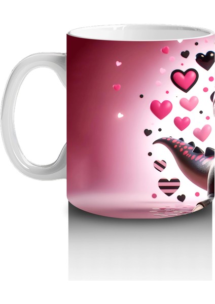 Kalpler ve Hediyelerle Süslenmiş Pembe Dinozor Tasarımı - Baskılı Kahve Kupası fiyatları