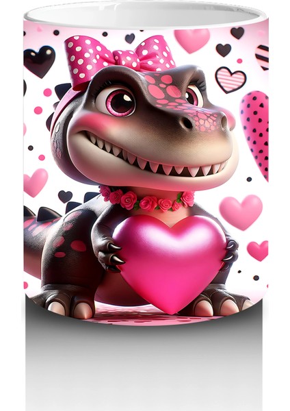 Kalpler ve Hediyelerle Süslenmiş Pembe Dinozor Tasarımı - Baskılı Kahve Kupası modelleri