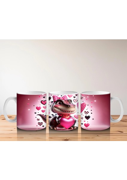 Kalpler ve Hediyelerle Süslenmiş Pembe Dinozor Tasarımı - Baskılı Kahve Kupası indirimleri