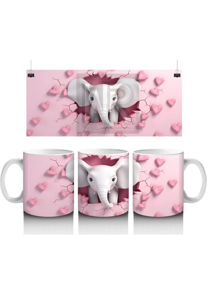 Kalplerle Süslenmiş Çatlak Zeminden Bakan Fil Tasarımı - Baskılı Kahve Kupası