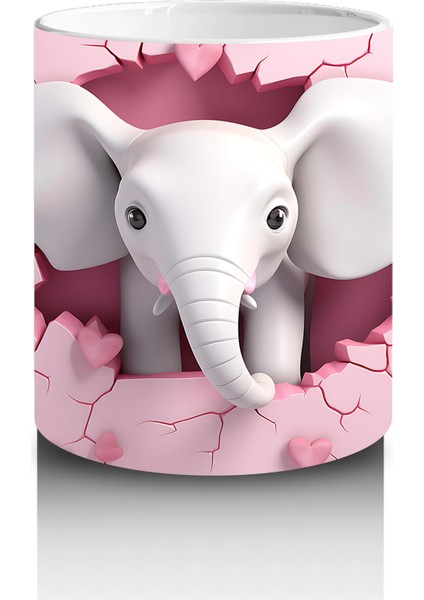 Kalplerle Süslenmiş Çatlak Zeminden Bakan Fil Tasarımı - Baskılı Kahve Kupası modelleri