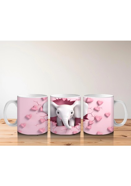 Kalplerle Süslenmiş Çatlak Zeminden Bakan Fil Tasarımı - Baskılı Kahve Kupası indirimleri