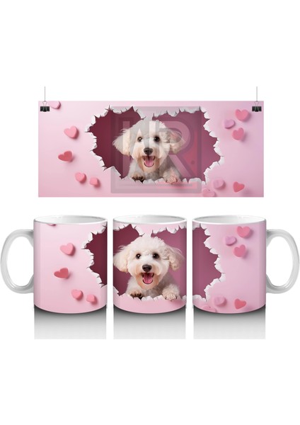 Kalpli Arka Planda Gülümseyen Sevimli Beyaz Köpek - Baskılı Kahve Kupası
