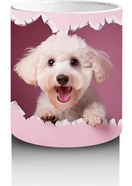 Kalpli Arka Planda Gülümseyen Sevimli Beyaz Köpek - Baskılı Kahve Kupası modelleri