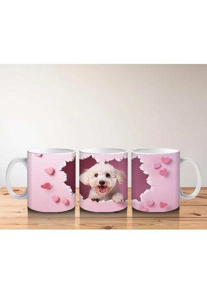 Kalpli Arka Planda Gülümseyen Sevimli Beyaz Köpek - Baskılı Kahve Kupası indirimleri