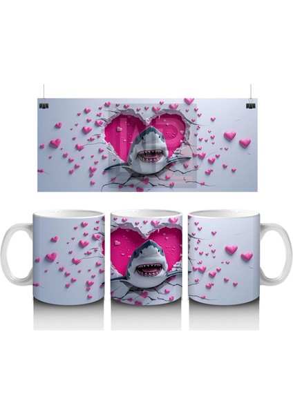 Kalpli Arka Planda Sevimli Köpekbalığı Figürü - Baskılı Kahve Kupası