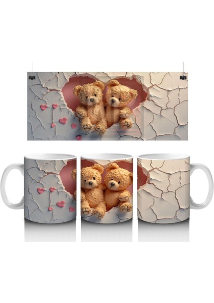 Çatlak Duvar Arasında Sarılmış Iki Peluş Ayıcık - Baskılı Kahve Kupası