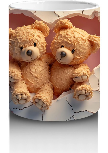 Çatlak Duvar Arasında Sarılmış Iki Peluş Ayıcık - Baskılı Kahve Kupası modelleri
