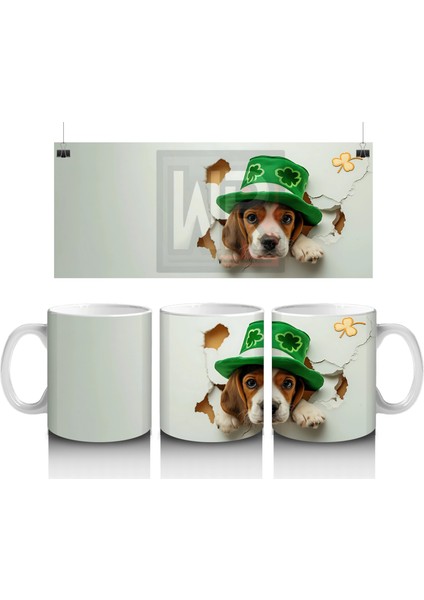 Dört Yapraklı Yonca Şapkasıyla Sevimli Köpek – Baskılı Kahve Kupası