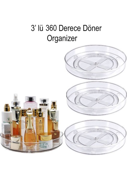 3'lü 360° Döner Makyaj ve Takı Organizatörü, Beyaz, Çok Fonksiyonlu Tasarım